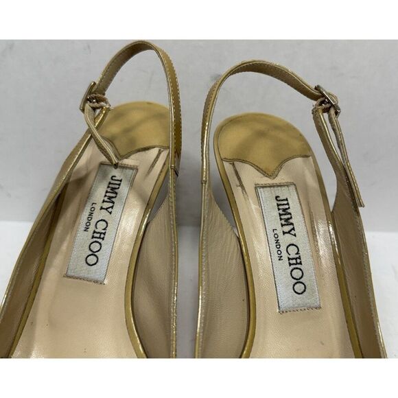 Jimmy Choo Patent Leather Tan High Heels Slingback Peep Toe Womens Size 7 / 37 - Picture 10 of 11